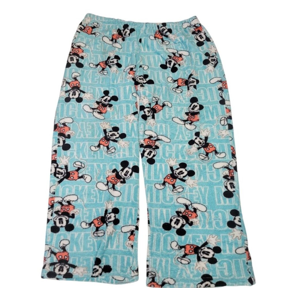 Disney Mickey Mouse Pajama Pants Fuzzy Fluffy‎ Blue Womens Large Stretch Waist